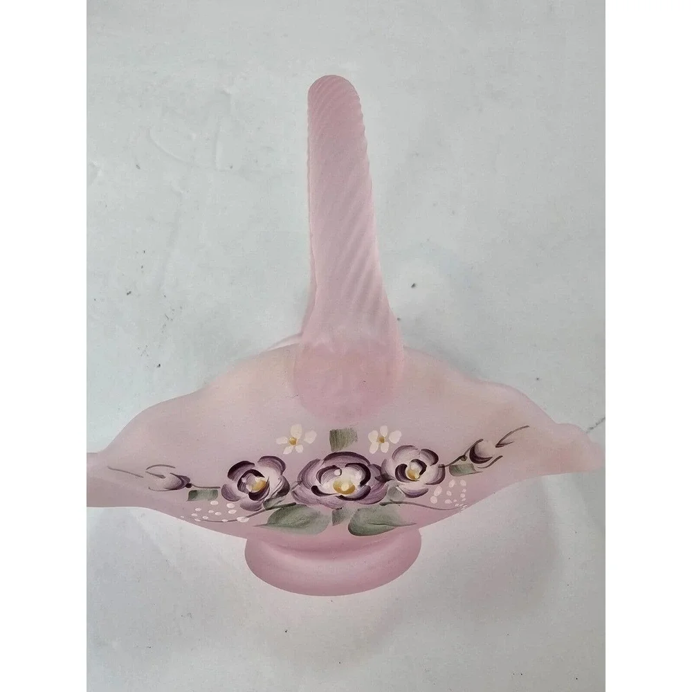2001 Fenton Hand Painted Pink Chiffon Opalescent Satin Mini Basket S. Miller